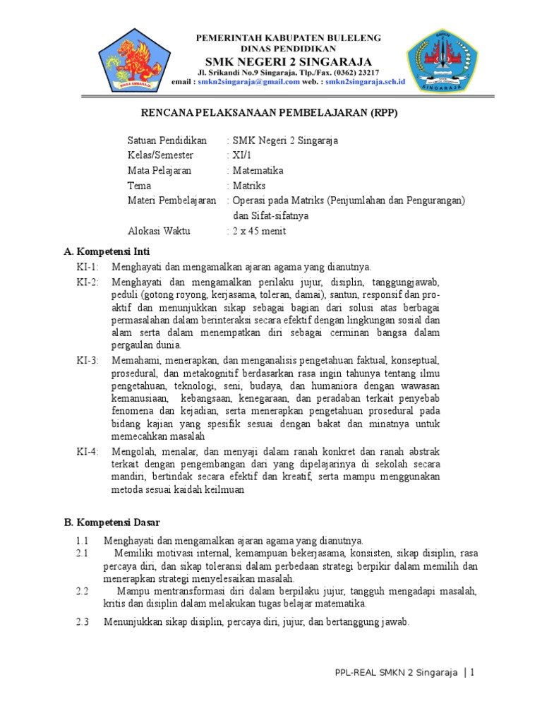 RPP 1 Matriks Penjumlahan Dan Pengurangan