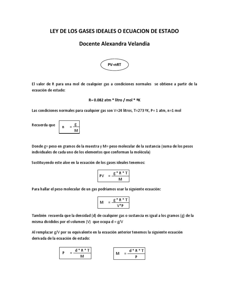 Ley de Los Gases Ideales o Ecuacion de Estado PDF | PDF | Gases | Mole ...
