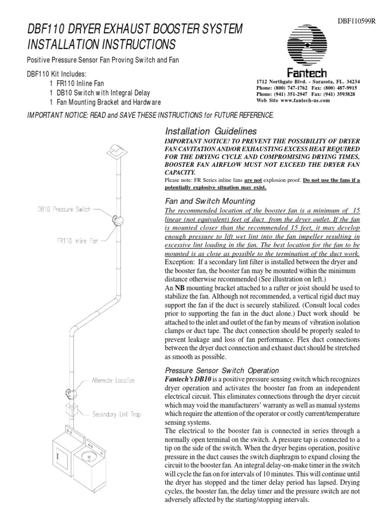 DBF110 DRYER EXHAUST BOOSTER SYSTEM INSTALLATION INSTRUCTIONS Clothes