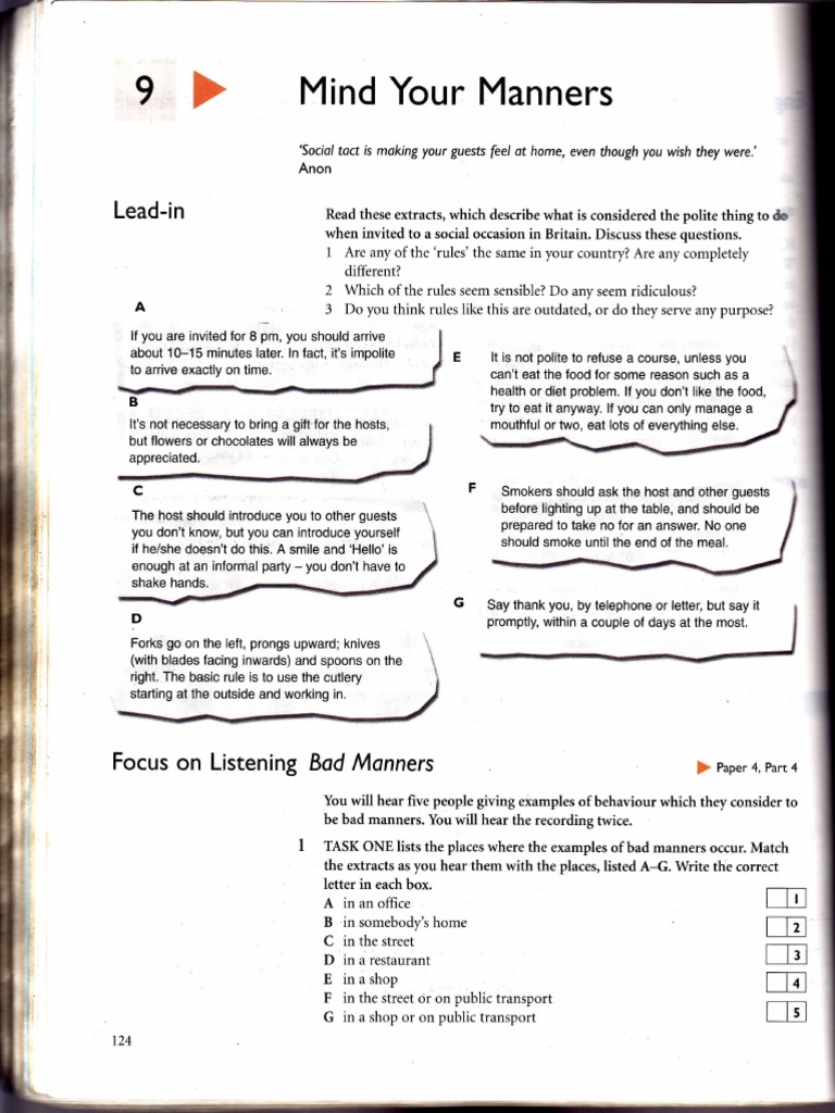 Mind Your Manners Reading | PDF | Verb | Adjective