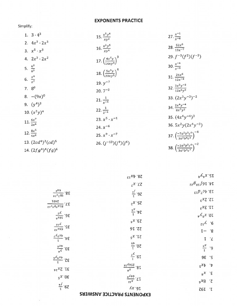 Exponent Rules Review Answer Key