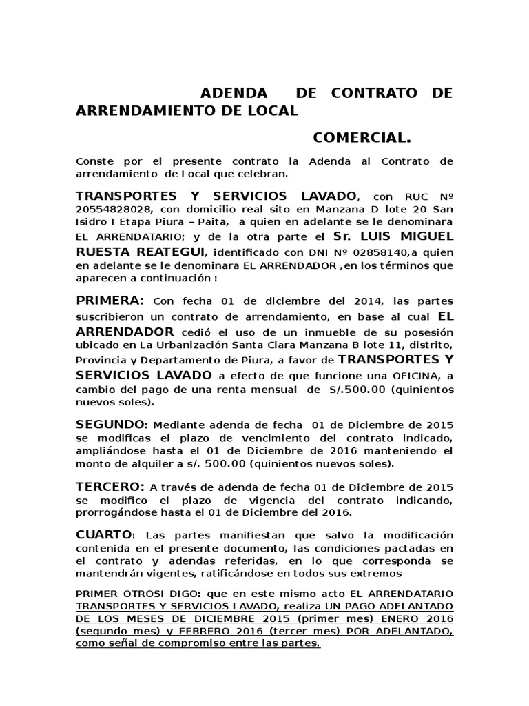 Adenda de Contrato de Arrendamiento Lavado