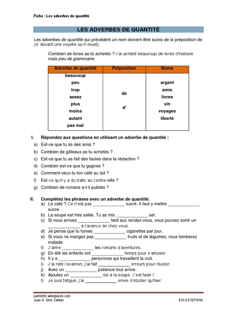 Adverbe De Quantite Liste