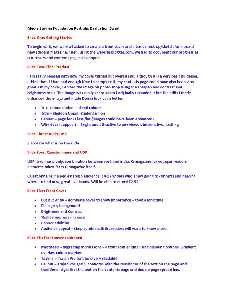 Media Studies Foundation Portfolio Evaluation Script | PDF