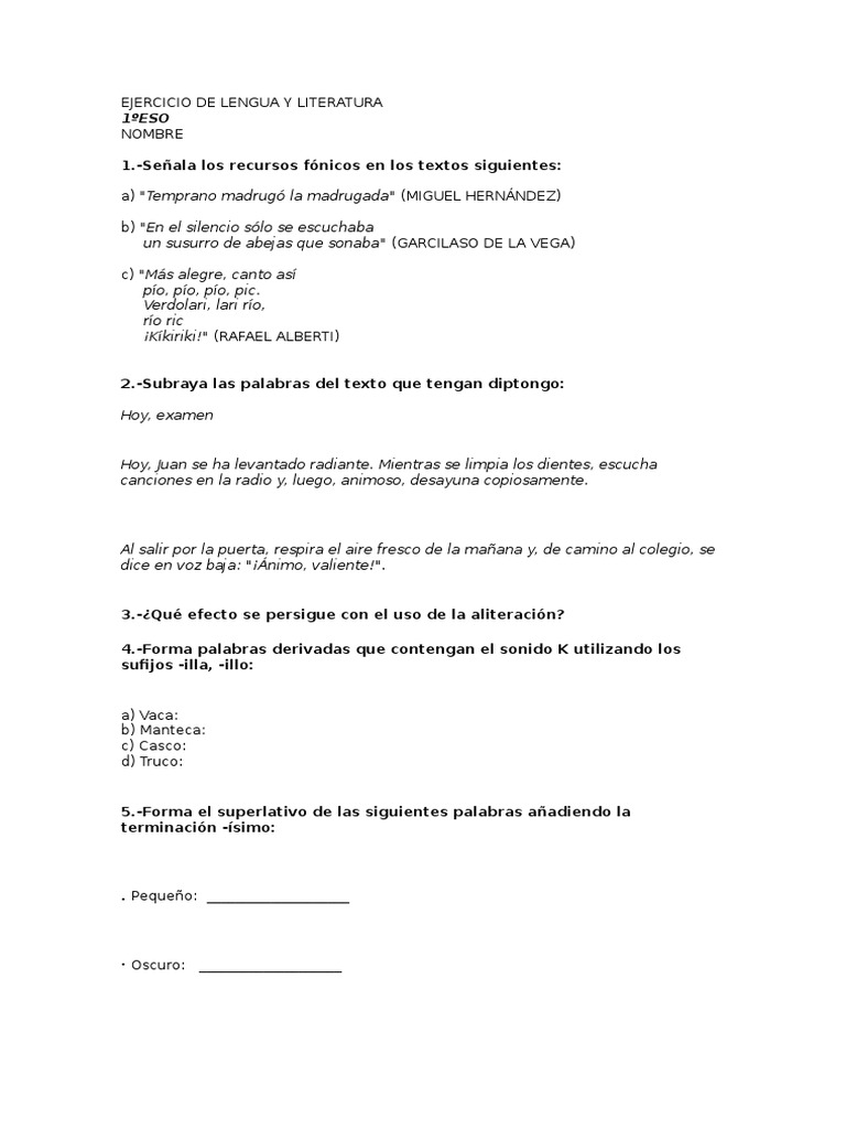 Ejercicios de Lengua y Literatura 1º ESO | PDF