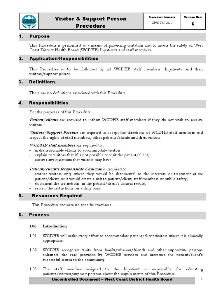 WCDHB Visitor Support Procedure Guide | PDF | Patient | Hospital
