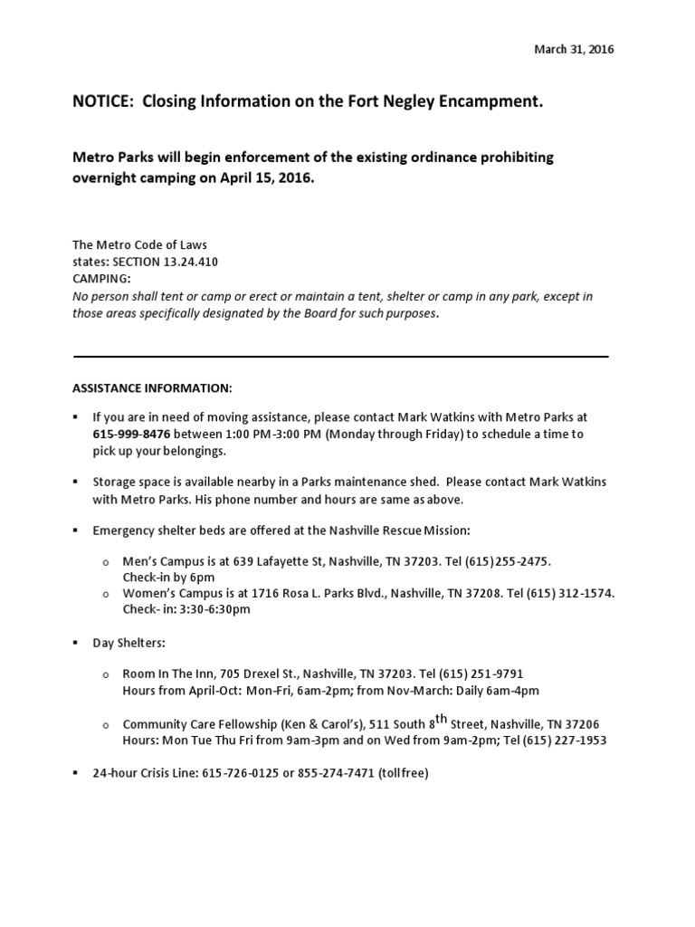 Fort Negley Camping Enforcement Notice | PDF