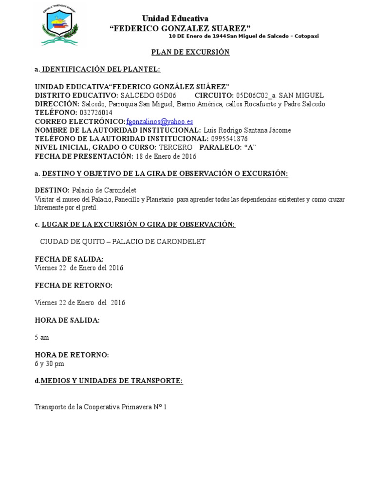 Plan de Excursión 20152016