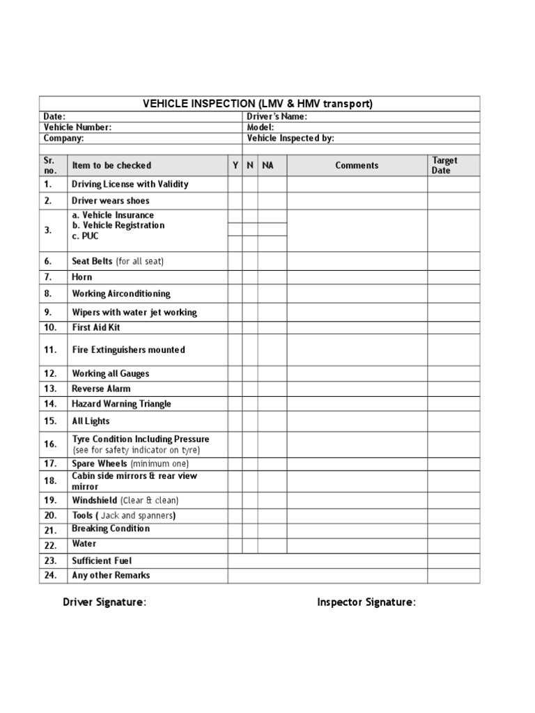 LMV & HMV Vehicle Inspection Checklist | PDF