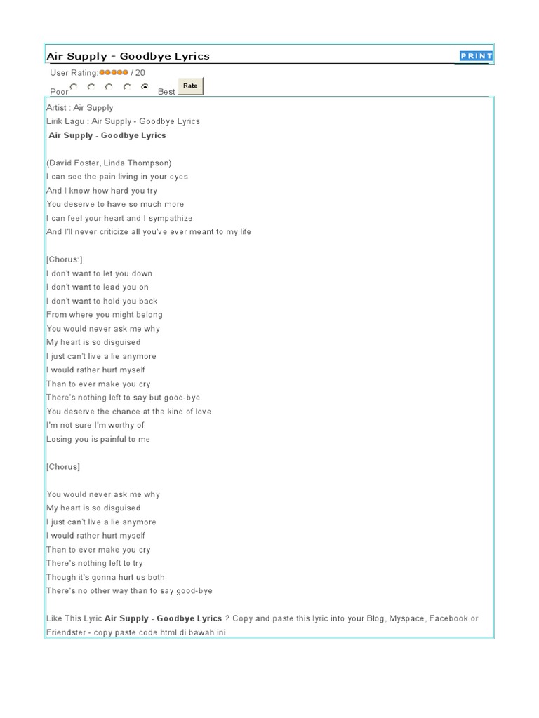 Lirik Lagu Air Supply