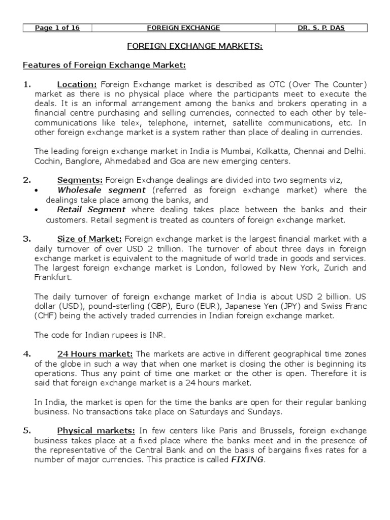 Study Notes Foreign Exchange Markets 1 Foreign Exchange Market - 