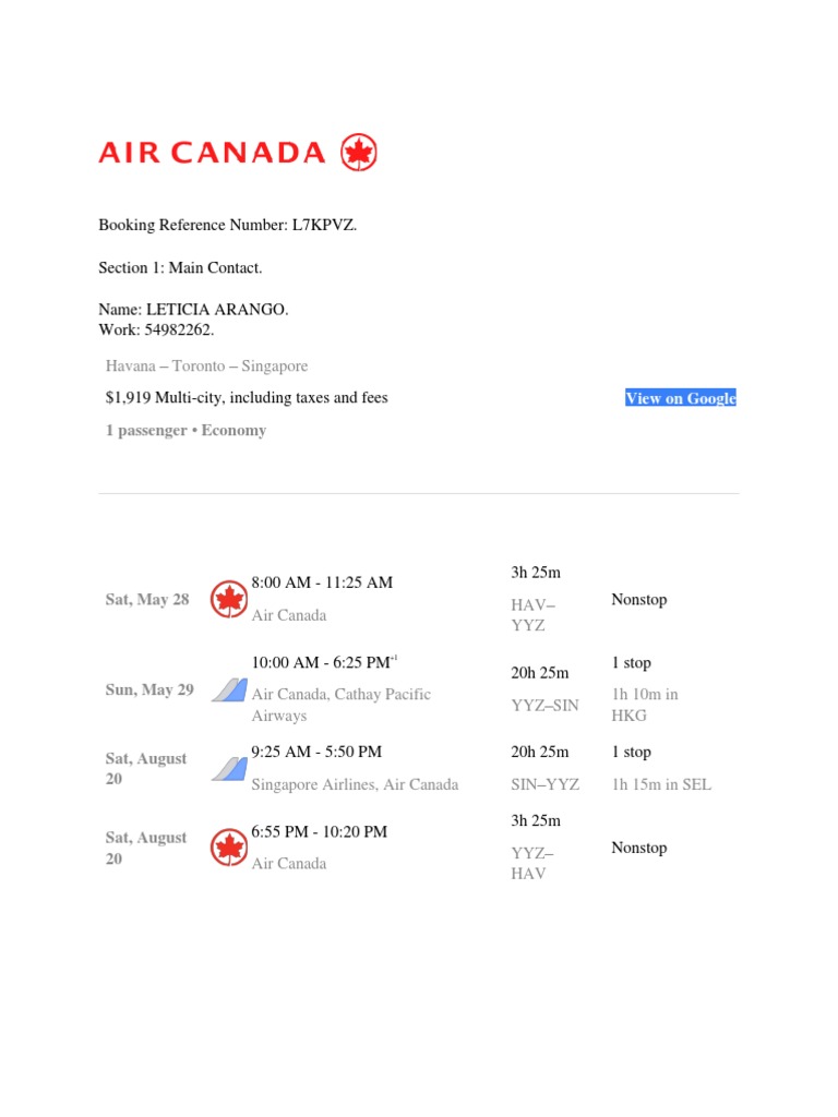 Sample Air Canada Multi city destination Ticket