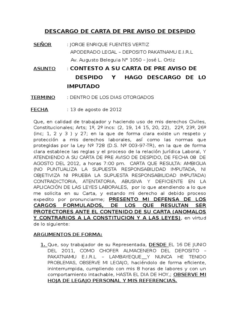 Descargo de Carta de Pre Aviso de Despido ---- Garcia Escobedo