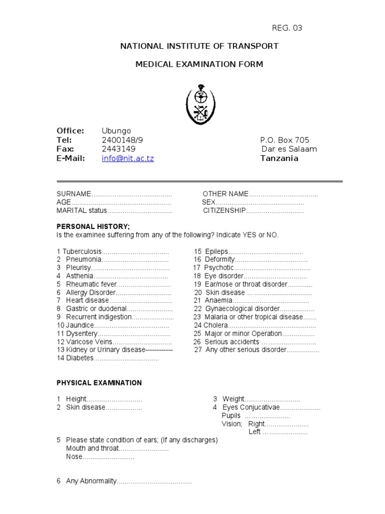 Medical Examination Form | PDF