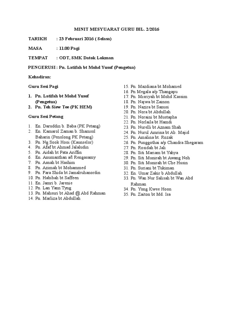 Minit Mesyuarat Guru Bil 2 2016