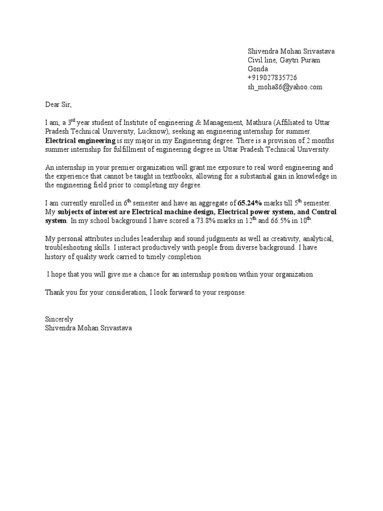 Internship Application for Electrical Engineering | PDF
