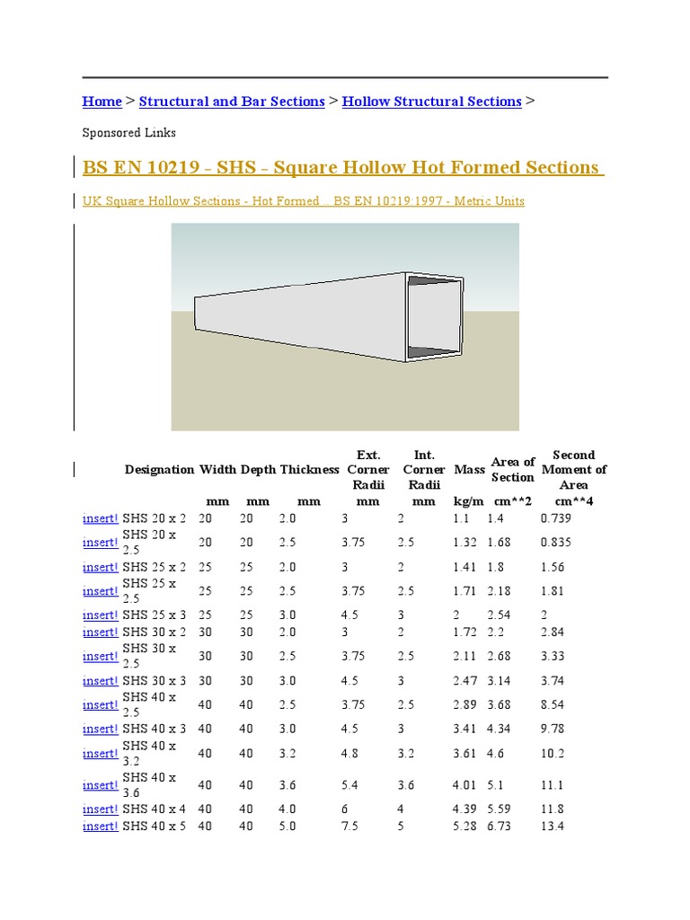 SHS Steel Sizes and Specifications | PDF | Nature