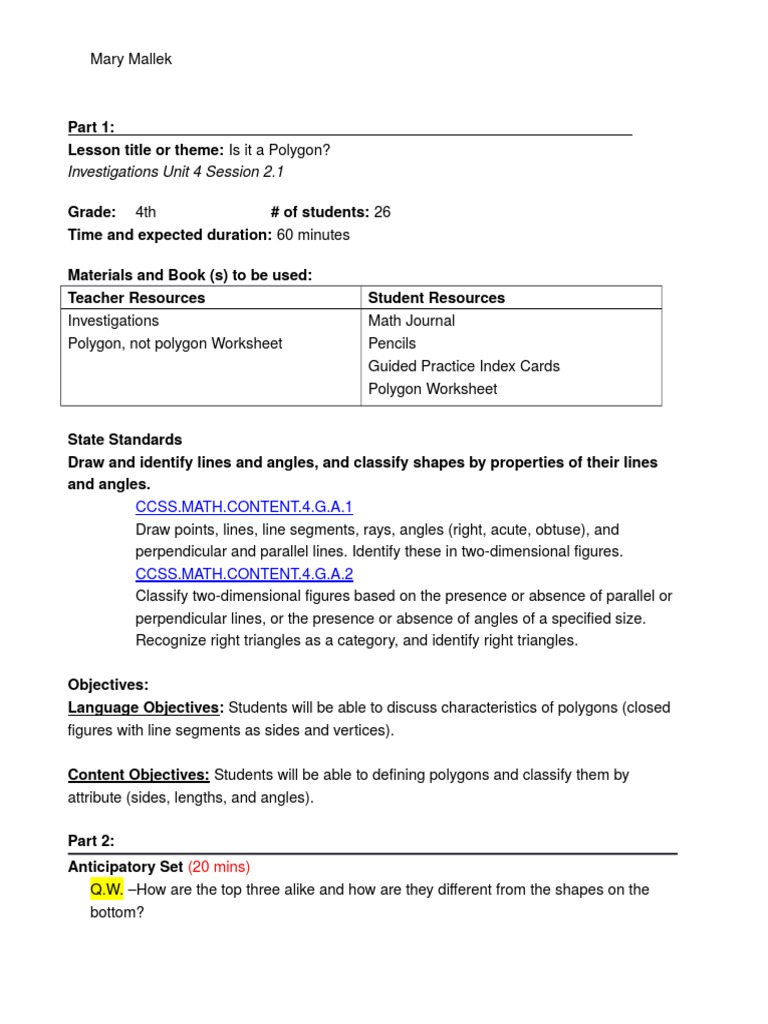 Polygon Lesson Pdf Line Geometry Triangle