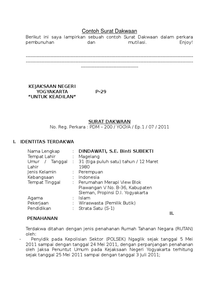 Contoh Surat Dakwaan Docx Contoh Surat Dakwaan.