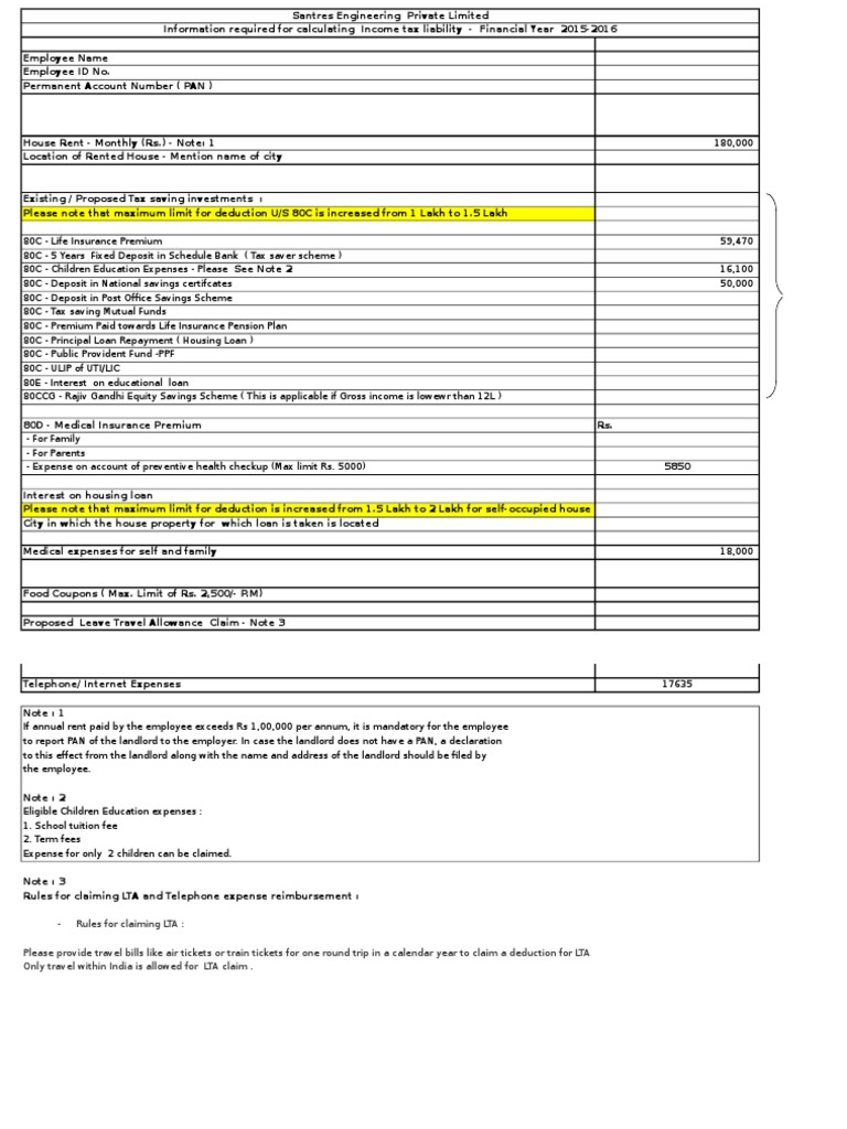 Income Tax Declaration FY 2015-16 | PDF