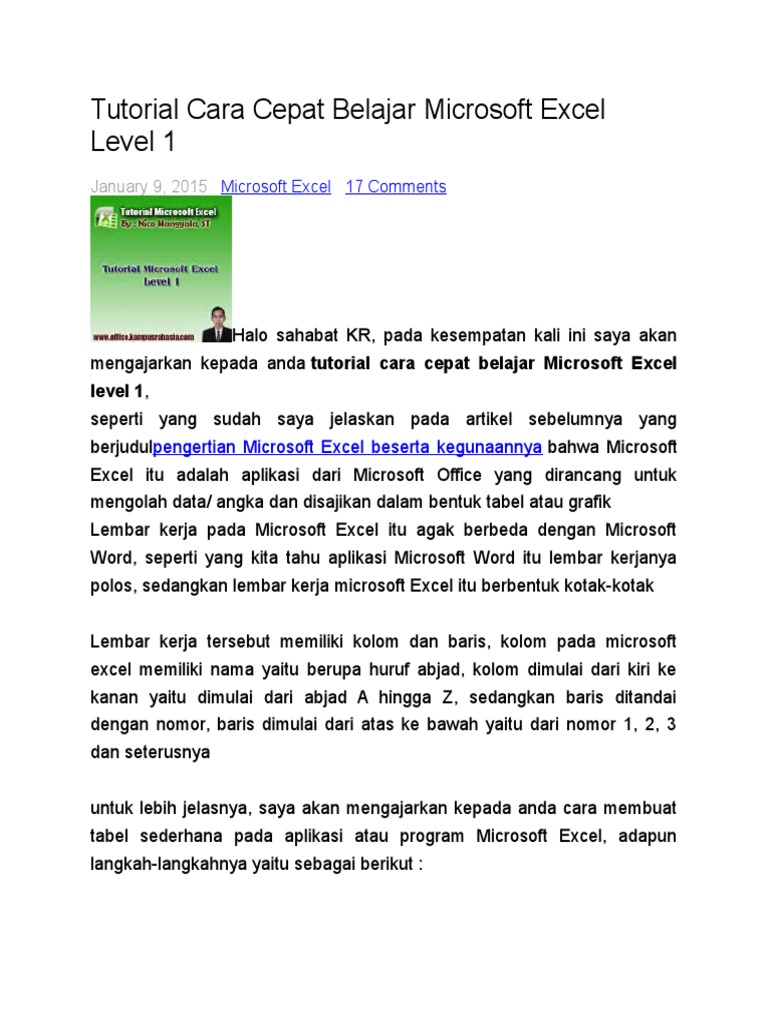 Tutorial Cara Cepat Belajar Microsoft Excel | PDF