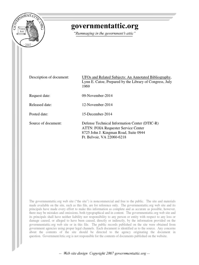 Ufos And Related Subjects An Annotated Bibliography 1969 By Lynn E Catoe Unidentified Flying Object Science