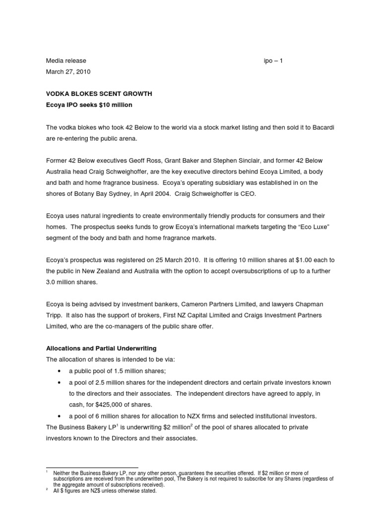 NZX Ecoya Media Release PDF Initial Public Offering Stocks