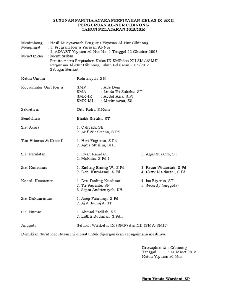 Contoh Sk Panitia Perpisahan Siswa - IMAGESEE