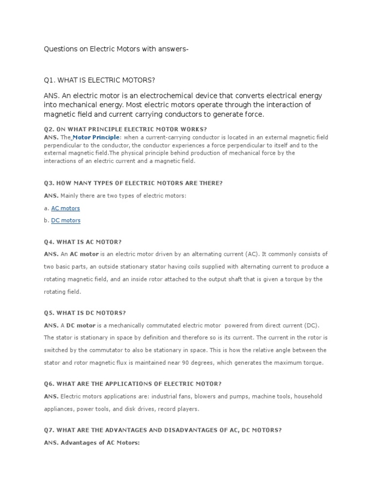 Questions On Electric Motors With Answers PDF Electric Motor