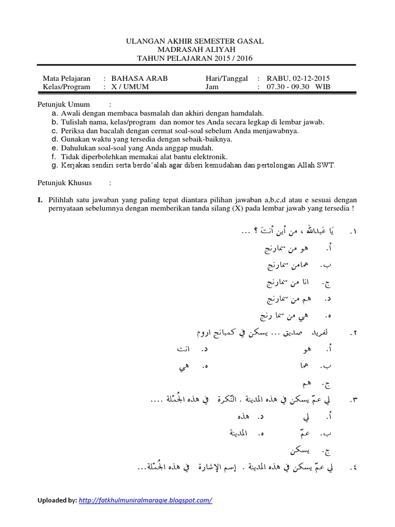 Soal Uas Gasal Ba Kelas 10 12 Tahun 2015 2016