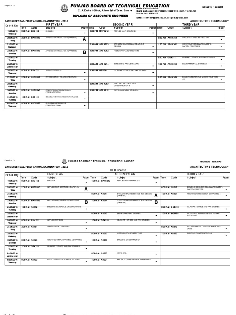 DAE First Annual Exam Date Sheet 2016 | PDF | Industrial Engineering ...