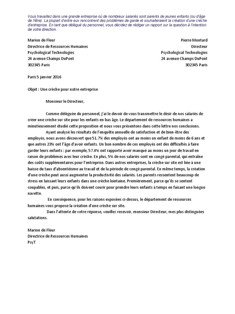DELF B2 Lettre Formelle Formation d'Une Crèche Version Courte