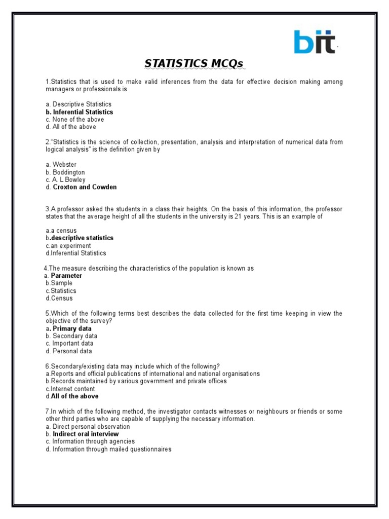Statistics for Management Mcqs Mean