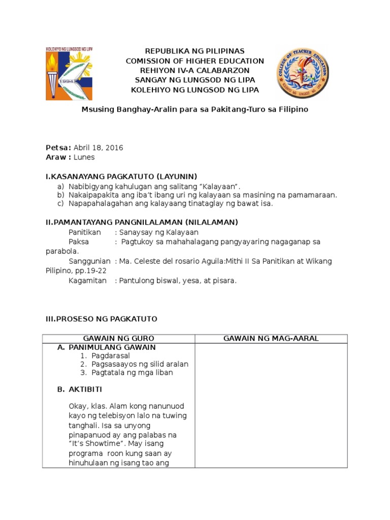 Sanaysay NG Kalayaan Detailed Lesson Plan