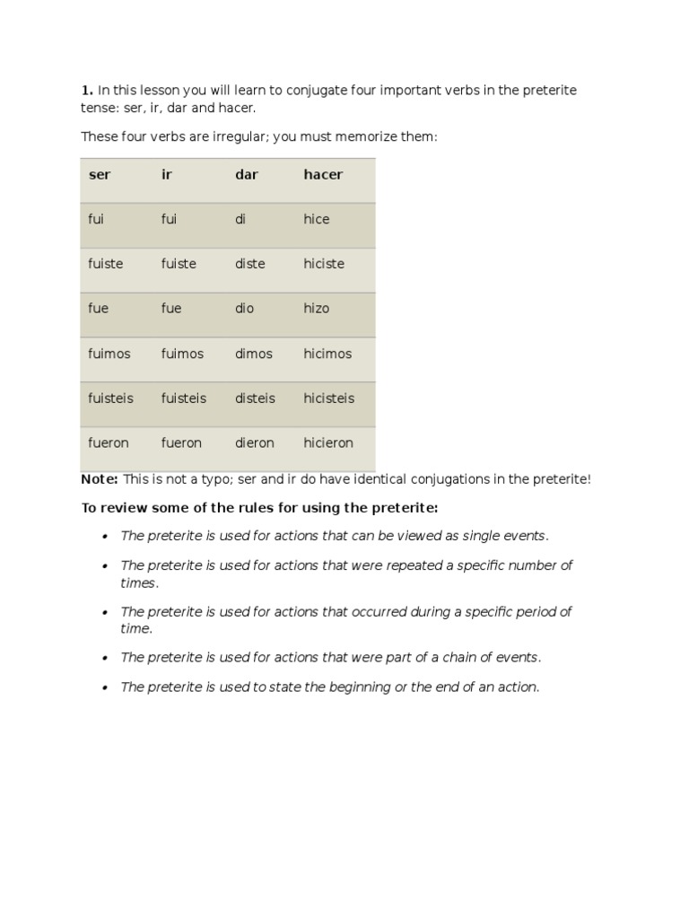 Tense: Ser, Ir, Dar and Hacer. These Four Verbs Are Irregular You Must  Memorize Them | PDF | Grammatical Conjugation | Grammar