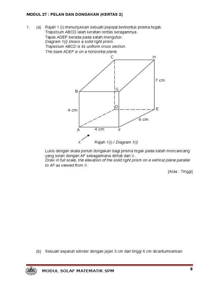 Diagram 1(i) shows a solid right prism. Trapezium ABCD is 