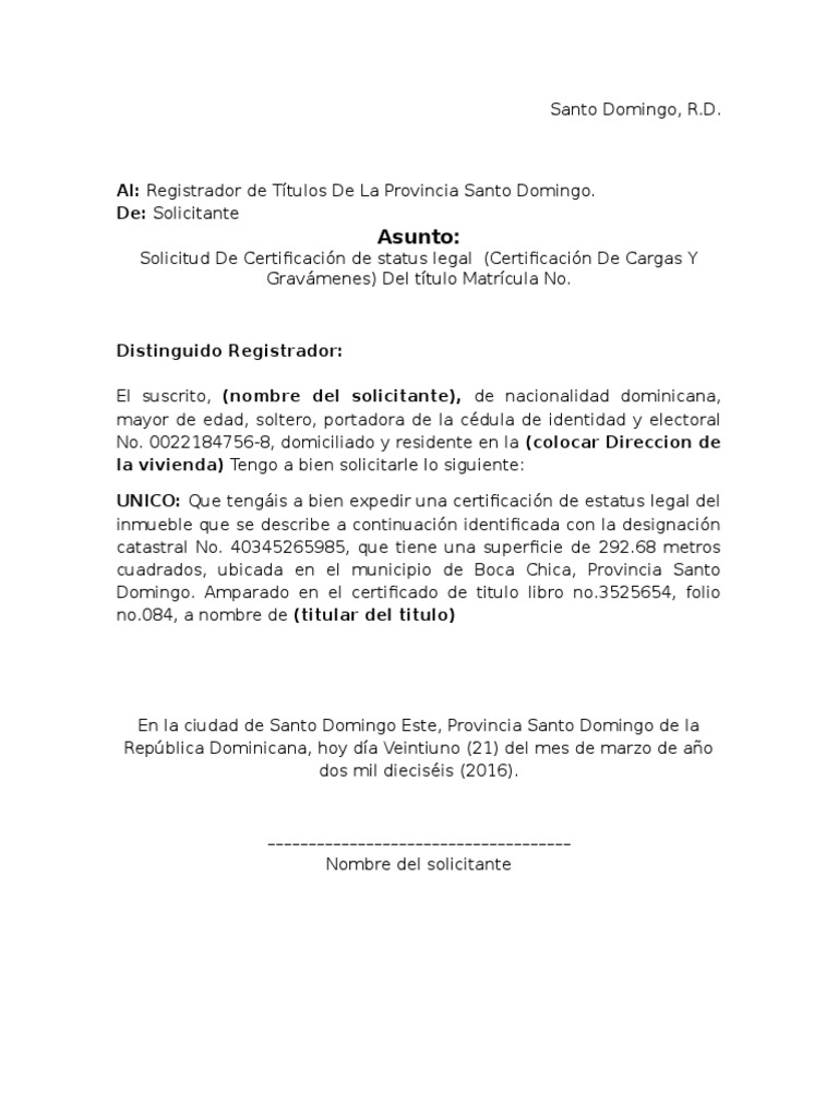 Modelo Solicitud De Cargas Y Gravamenes Pdf