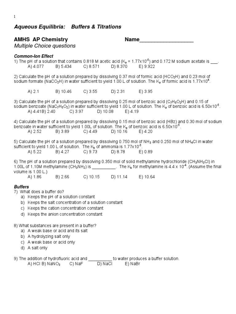 Buffers & Titrations AP Chemistry Multiple Choice Questions PDF