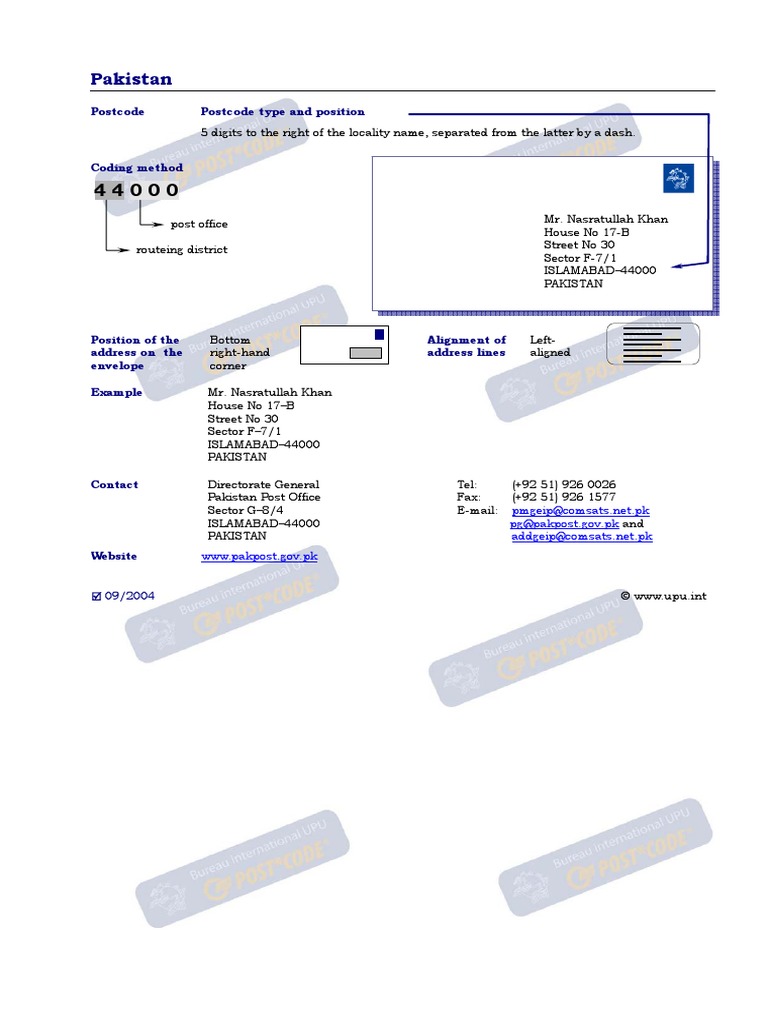 Pakistan: Postcode Postcode Type and Position | PDF