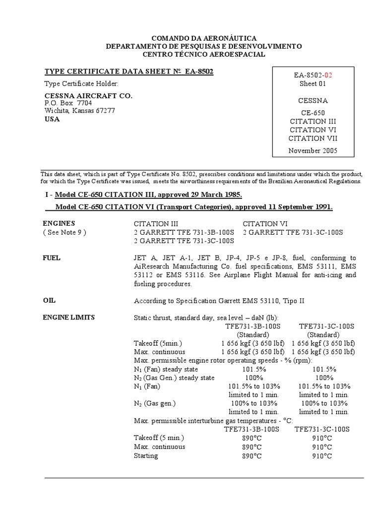 Type Certificate Data Sheet Flight Control Surfaces Jet Fuel