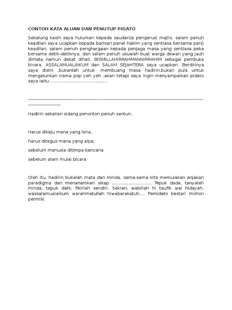 Contoh Kata Aluan Dan Penutup Pidato