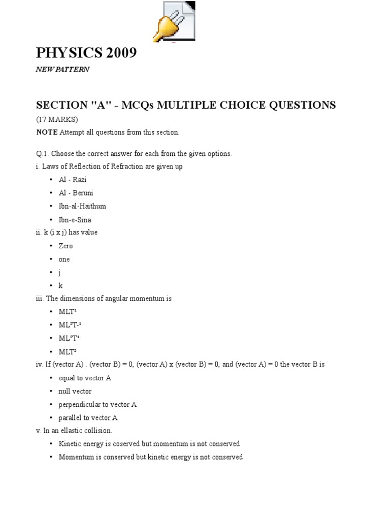 Physics 2009 MCQs and Short Answers | PDF | Momentum | Acceleration