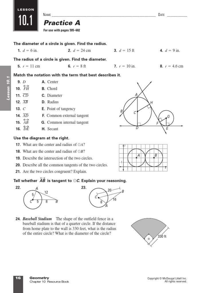 Geometry Chapter 10 Worksheets | PDF | Tangent | Elementary Geometry