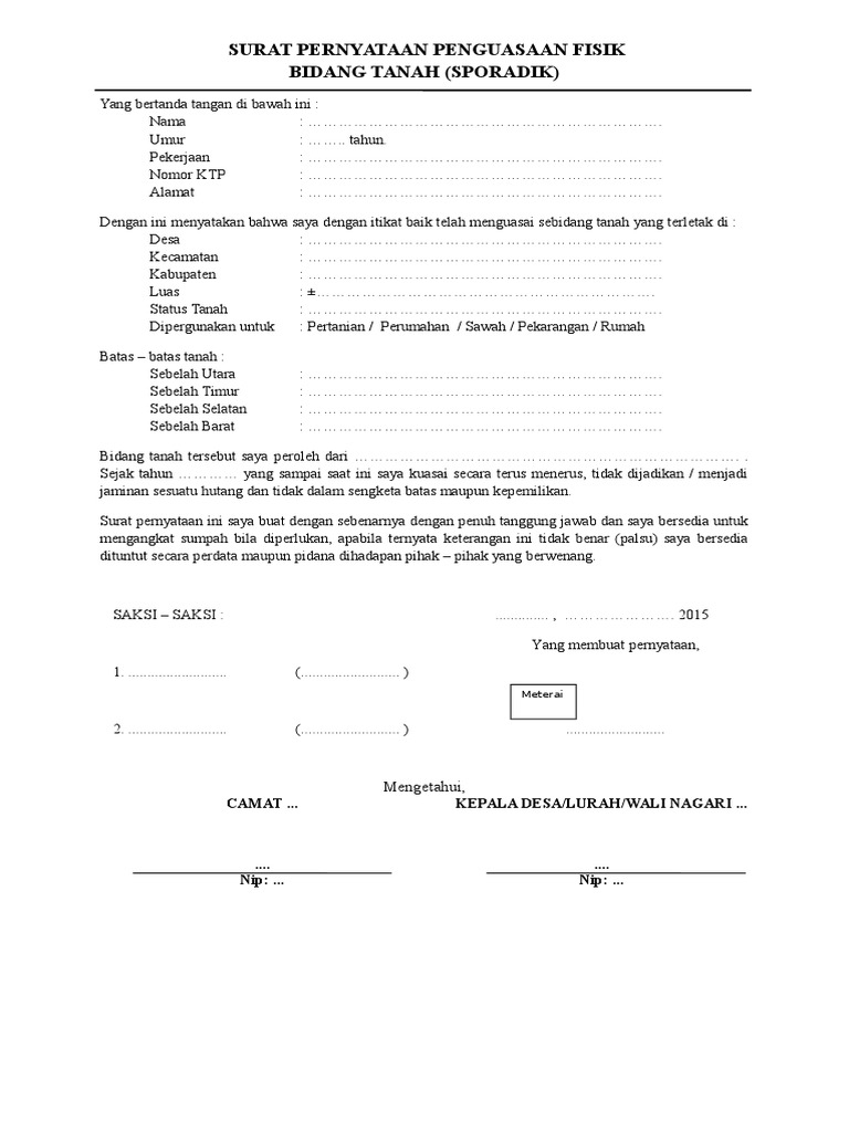 Surat Pernyataan Penguasaan Fisik Bidang Tanah Sporadik