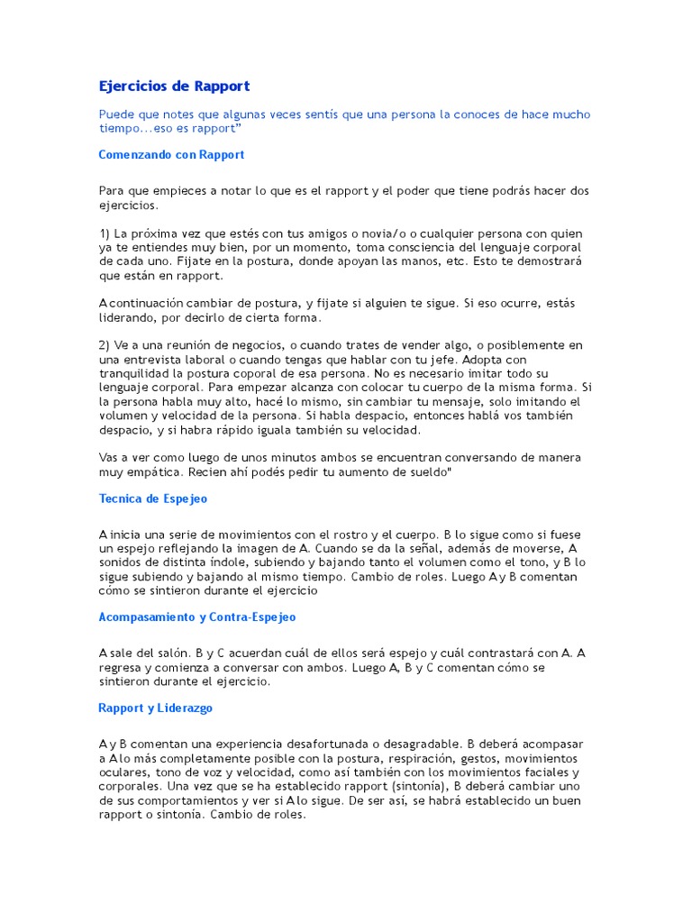 Ejercicios para Establecer Rapport | PDF | Artes del Lenguaje y ...