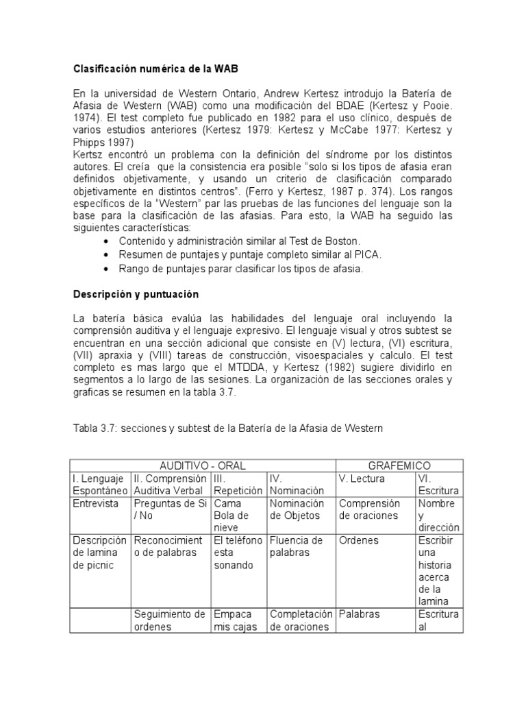 Clasificación Afasia WAB: Detalles y Comparación | PDF | Afasia ...