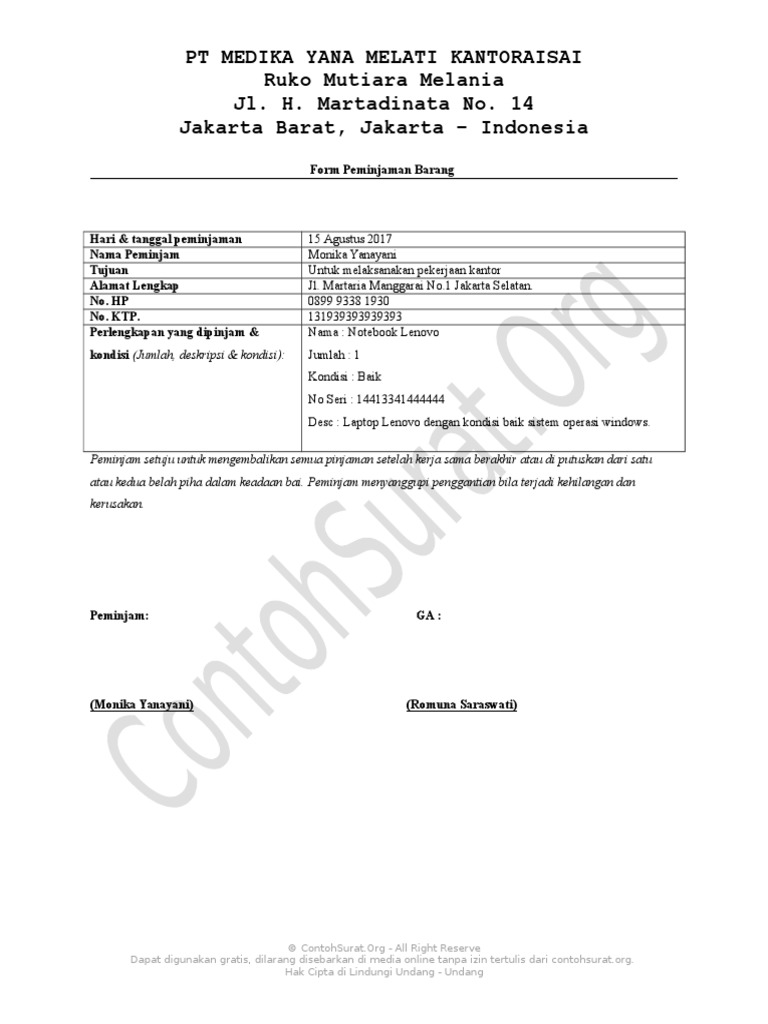 Contoh Format Surat Perjanjian Pinjam Barang