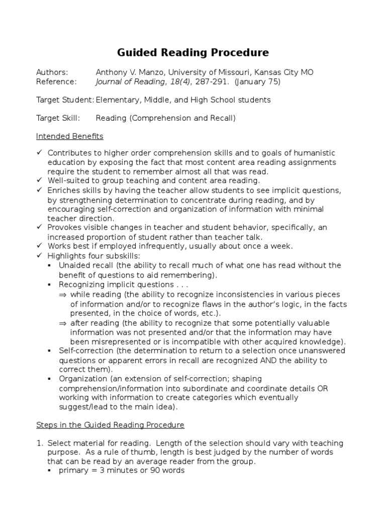 Guided Reading Procedure PDF Reading Comprehension Memory