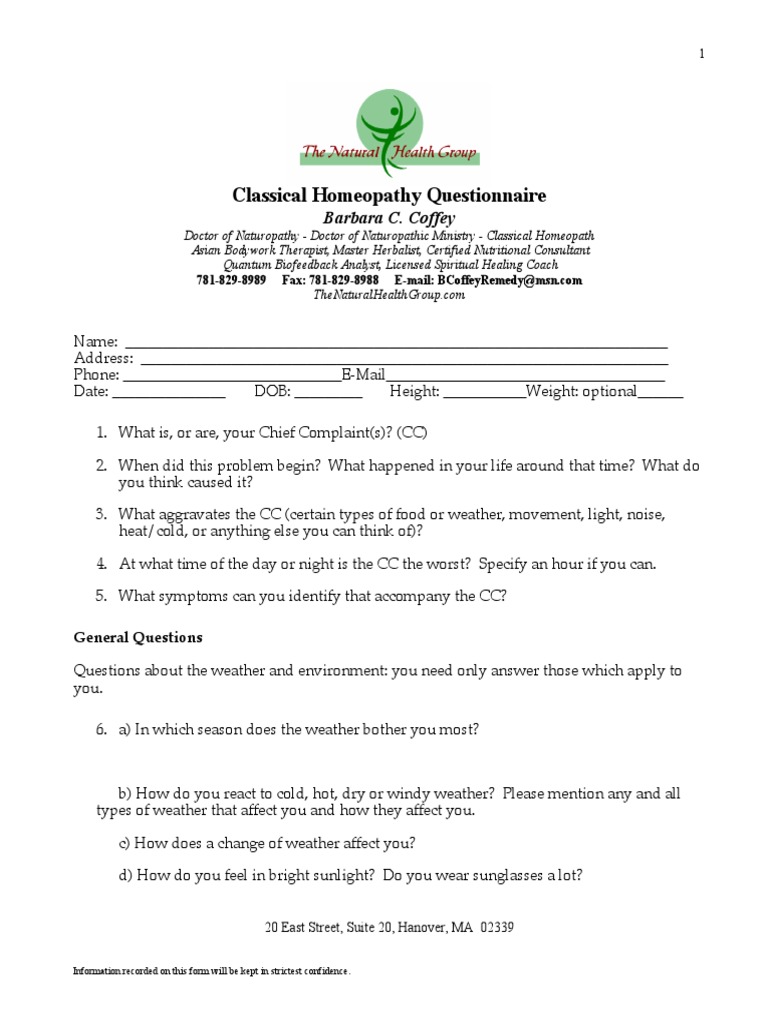 Homeopathic Questionnaire 2 Homeopathy Naturopathy