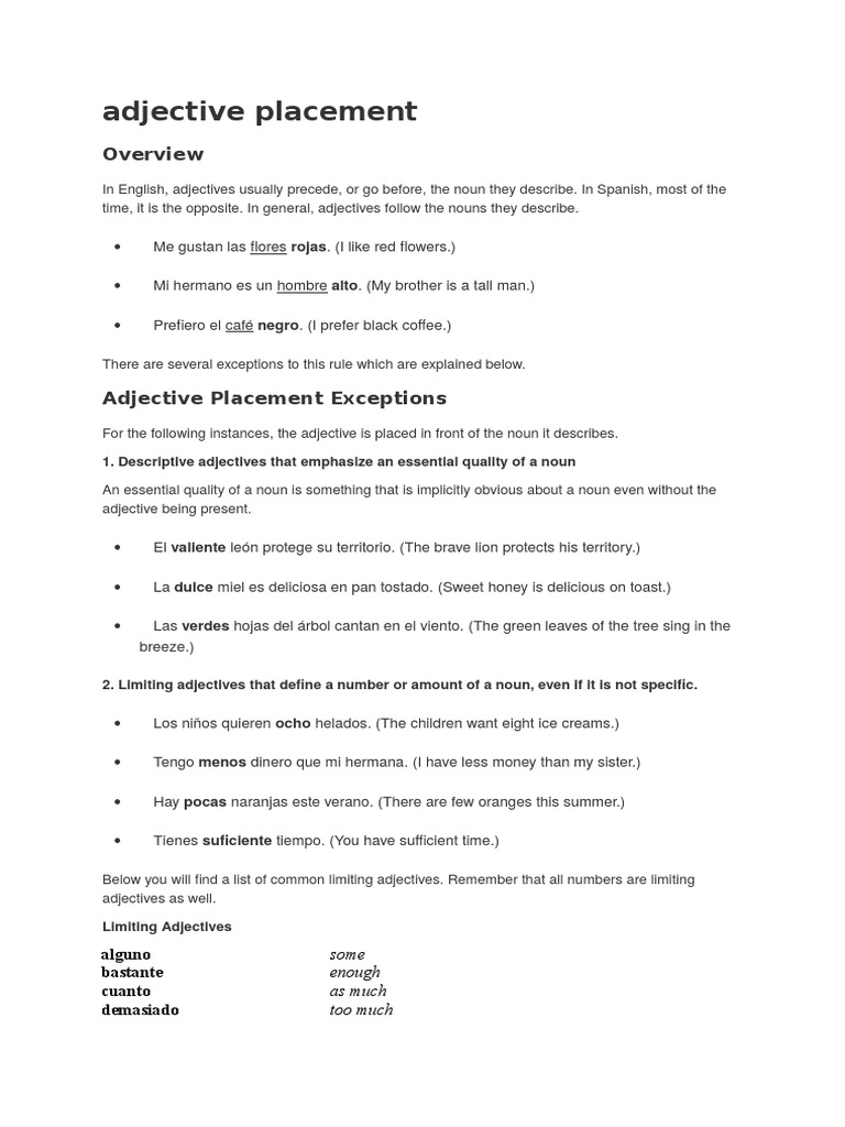 Adjective Placement 1. Descriptive Adjectives That Emphasize An